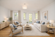 Wohnzimmer (KI-generierte Einrichtung) Moderne Erdgeschosswohnung mit Terrasse und vielen Extras